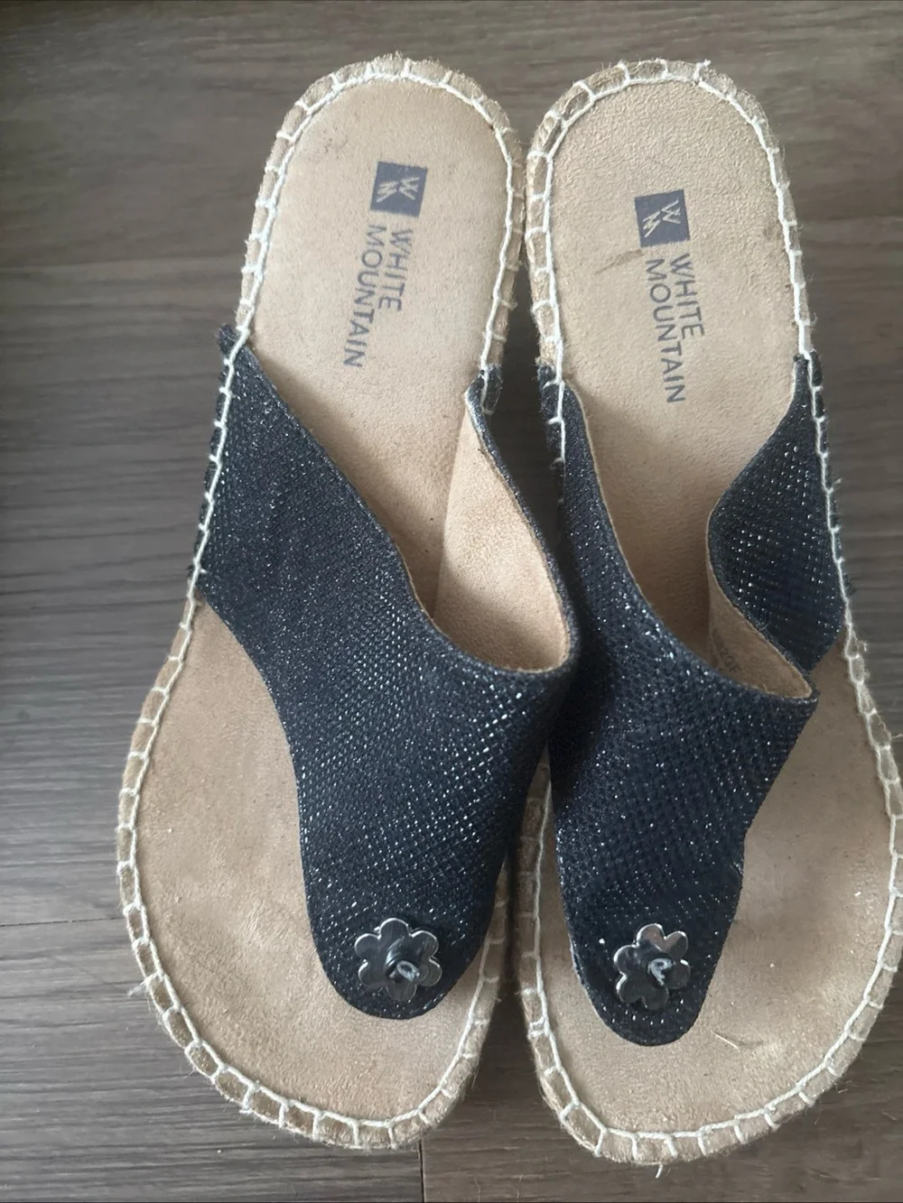 Mountain Lake Black Espadrille Thong Sandals with Flower Accent